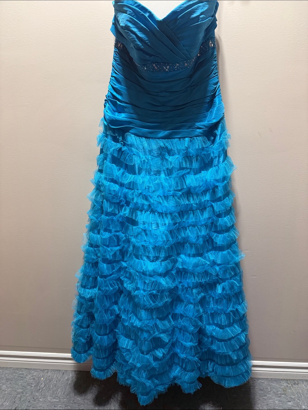 Strapless Ruffled Turquoise Evening Dress